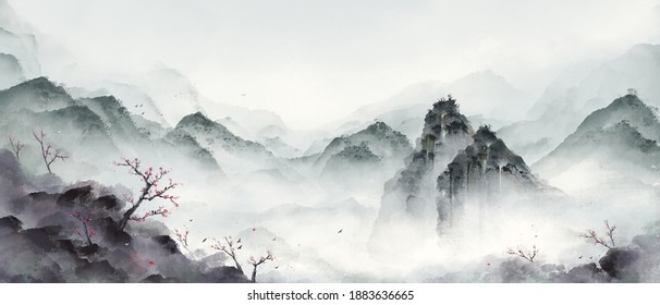 Ink Landscape Painting In Winter.Eastern Traditional Painting