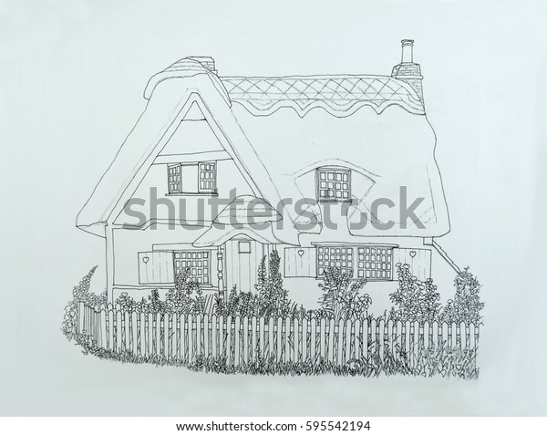 Ink Line Drawing English Thatched Cottage Stock Illustration 595542194