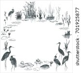 Ink painted frame. Marsh plants, herons. Round border or card template with birds standing in the water, waterlilies, stork, grass, leaves. Black, grey hand drawn figures on white background. 