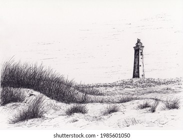 Ink painting of a lighthouse silhouette and long grass. Meditative peaceful and calm landscape. Hand drawn tranquil vintage illustration. Serenity concept, nature background. Minimalist drawing.