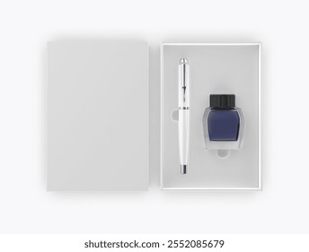 Ink pen and ink bottle gift box packaging template 3d illustration.