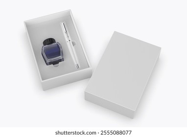 Ink pen and ink bottle gift box packaging template 3d illustration.