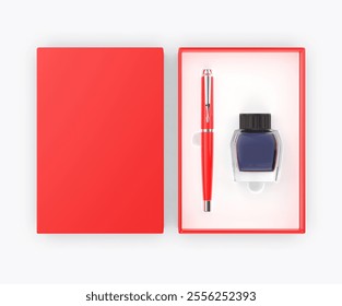 Ink pen and ink bottle gift box packaging template 3d illustration.