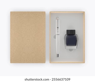 Ink pen and ink bottle gift box packaging template 3d illustration.