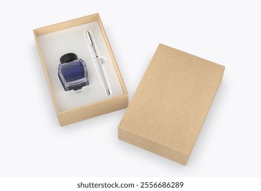 Ink pen and ink bottle gift box packaging template 3d illustration.