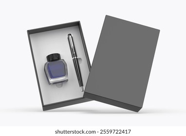 Ink pen and ink bottle gift box packaging template 3d illustration.