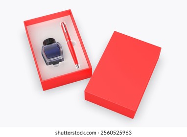 Ink pen and ink bottle gift box packaging template 3d illustration.