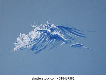 Ink Pen Drawing - Blue Sea Wave With White Foam On Toned Paper