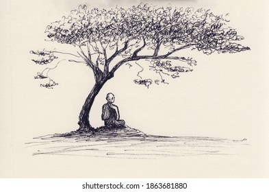 Ink pen drawing with Buddhist monk sitting under the tree. Hand drawn background for meditation, relaxation, restore, poster, book illustration. Original abstract artwork. Calm and peaceful scenery.