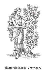 Ink And Pen Drawing, The Goddess Of Medicine Hygieia With Bowl And Snake, On White Background.