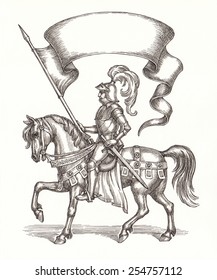 Ink And Pen Drawing, Knight On A Horse With A Flag.