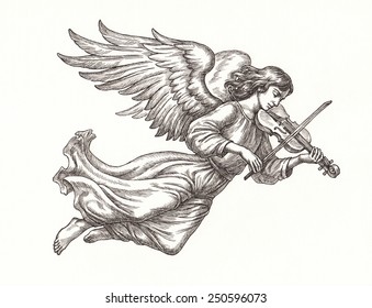 Ink And Pen Hand Drawing, Angel With Violin On White.