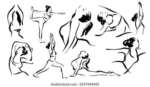 Ink sketches of women in yoga poses. Dynamic yoga illustrations capture the grace and fluidity of yoga practice. Yoga art highlights flexibility and movement. Wellness illustrations isolated on white. - Powered by Shutterstock