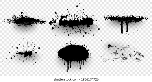 Ink splashes. Black inked splatter dirt stain splattered spray splash. Spray paint  elements isolated on White Background. Drips black ink splatters, Ink blots set.