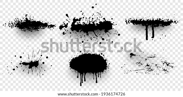 Ink splashes. Black inked\
splatter dirt stain splattered spray splash. Spray paint  elements\
isolated on White Background. Drips black ink splatters, Ink blots\
set.