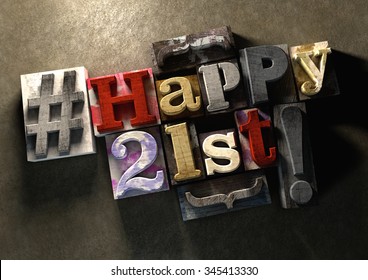 Ink splattered printing wood blocks with grungy Happy 21st birthday typography. Social media hashtag gives a modern edgy graphic design feel. Trendy happy birthday title best wishes birthday card. - Powered by Shutterstock