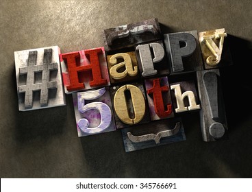 Ink splattered printing wood blocks with grungy Happy 50th birthday typography. Social media hashtag gives a modern edgy graphic design feel. Trendy happy birthday title, for use on birthday card. - Powered by Shutterstock