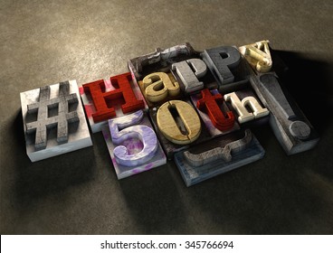 Ink splattered printing wood blocks with grungy Happy 50th birthday typography. Social media hashtag gives a modern edgy graphic design feel. Trendy happy birthday title, for use on birthday card. - Powered by Shutterstock