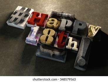 Ink splattered printing wood blocks with grungy Happy 18th birthday typography. Social media hashtag gives a modern edgy graphic design feel. Trendy happy birthday title, for use on birthday card. - Powered by Shutterstock