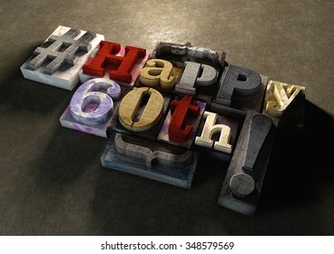 Ink splattered printing wood blocks with grungy Happy 60th birthday typography. Social media hashtag gives a modern edgy graphic design feel. Trendy happy birthday title, for use on birthday card. - Powered by Shutterstock