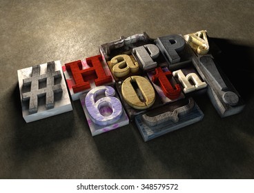 Ink splattered printing wood blocks with grungy Happy 60th birthday typography. Social media hashtag gives a modern edgy graphic design feel. Trendy happy birthday title, for use on birthday card. - Powered by Shutterstock