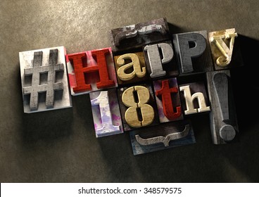 Ink splattered printing wood blocks with grungy Happy 18th birthday typography. Social media hashtag gives a modern edgy graphic design feel. Trendy happy birthday title, for use on birthday card. - Powered by Shutterstock