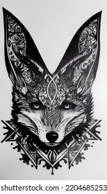 Ink Tattoo Flash Art, Fox Pattern, Intricate Detail, White Background, Negative Space Hyper Realism