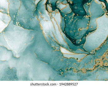 Ink Wash Pastel. Lime. Pattern. Sky Color, Tidewater Green Gold Stains. Alcohol Ink Pigment. Aquamarine Watercolor Paint. Sea Waves Splash. Water Colorful Texture.