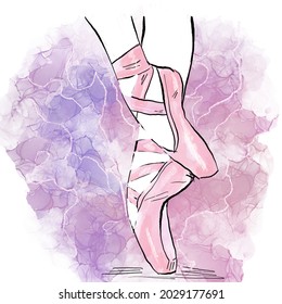 Ink And Watercolor Of Ballet Slippers On An Abstract Watercolor Background. Illustration Of  Pointe Shoes Isolated On White