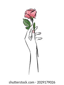 Ink And Watercolor Illustration Of A Female Hand Outline Holding A Flower