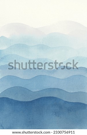 Ink Wave watercolor hand drawn strip blue stain blot painting. Paper texture background.