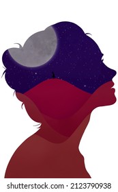 Inner Child On Mountains With Night Sky Inside Female Profile Bust Silhouette.