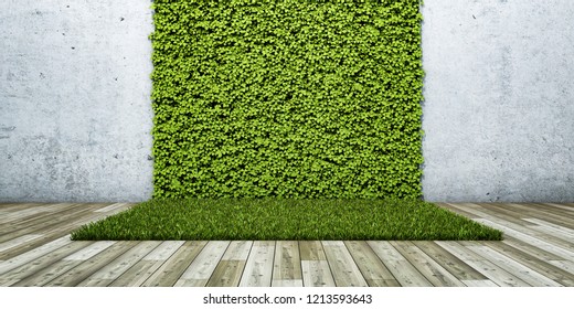 Inner courtyard with green fresh vertical garden and concrete wall. 3D illustration.