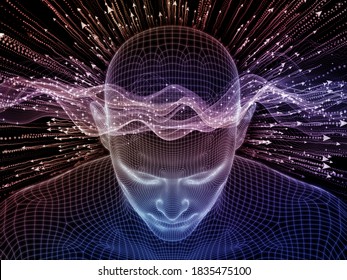 Inner Light. Lucid Mind Series. Backdrop Composed Of 3D Rendering Of Glowing Wire Mesh Human Face For Projects On Artificial Intelligence, Human Consciousness And Spiritual AI