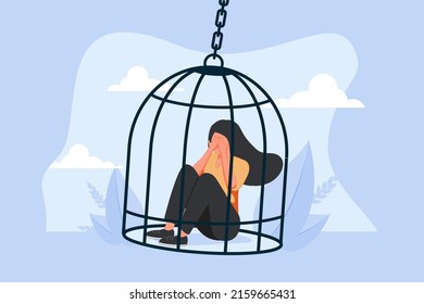 Inner prison as mental state with thought stuck and block tiny person concept. Psychological mindset as feeling like trapped in birdcage illustration. Helpless problem and despair situation.