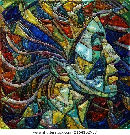 Inner Segmentation series. Elements of female face colored and arranged into stained glass design on subject of internal world, spiritual connection and art.