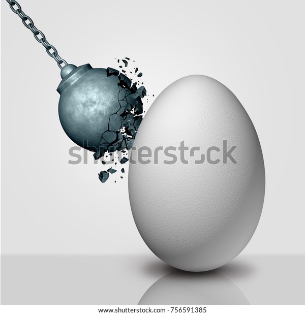 Inner strength concept and stamina or\
durability metaphor as a wrecking ball being destroyed by an egg as\
a durability and persistence icon as a 3D\
render.