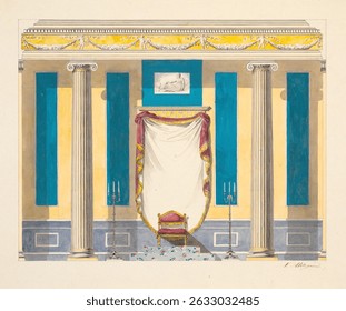 The inner wall with the throne. Draft for decoration of the audience hall illustration. Vintage illustration by Nicolai Abildgaard. Famous vintage artwork, vintage illustration by Nicolai Abildgaard.