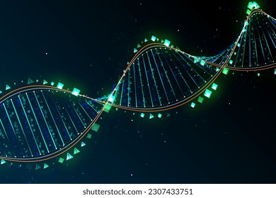 Innovation, science, machine learning and genetics concept with bright digital DNA molecule made from binary code and pixels on abstract dark background. 3D rendering