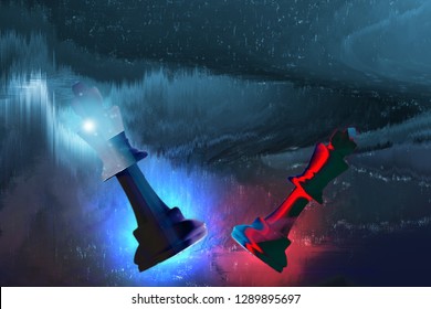 Innovation strategy plan with abstract chess game. Futuristic technology competitive disruption by learning machine made evolution in politic, esports, fintech, big data, digital business management
