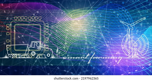 Innovation Technology Of Agriculture. Vehicle For Field Farm Work. Industrial Tractor Transport With Driver, Computer Chip And Wireless Tower Thin Line Icon. Smart Farming Text. Continuous Line