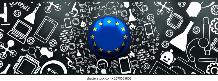 Innovation And Technology Concept. Circle Frame With Thin Line Icons. Flag Of The European Union. 3D Rendering