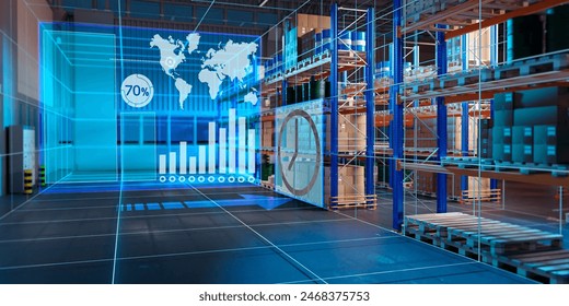 Innovation warehouse. Futuristic logistics center. Warehouse with racks on boxes. International logistics center. Virtual screens inside warehouse. Futuristic storage hangar. 3d image