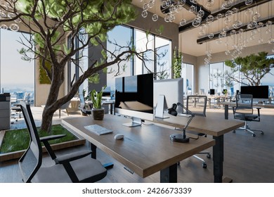 innovative open space office with tech industry workplaces and greenery; environment friendly contemporary building; 3D rendering - Powered by Shutterstock