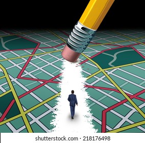 Innovative Path And Road To Success Concept As A Businessman Walking Through A Confusing Highway Map With A Pencil Eraser Clearing A Pathway To Career Or Life Success By Cutting Through The Clutter.