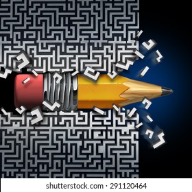 Innovative Solution Plan As A Pencil  Trying To Find Way Out Of Maze Breaking Through The Labyrinth As A Business Concept And Creative Metaphor For Strategy Success And Planning Achievement.