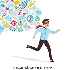 Input overloading. Information overload concept. Young man running away from information stream pursuing him. Concept of person overwhelmed by information. Colorful illustration in flat cartoon style.