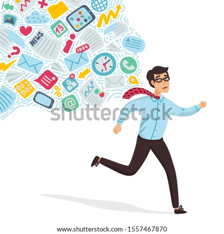 Input overloading. Information overload concept. Young man running away from information stream pursuing him. Concept of person overwhelmed by information. Colorful illustration in flat cartoon style.