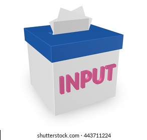 Input word on a 3d box to illustrate collection of feedback, comments, reviews, criticism and ideas to improve or succeed in reaching goals