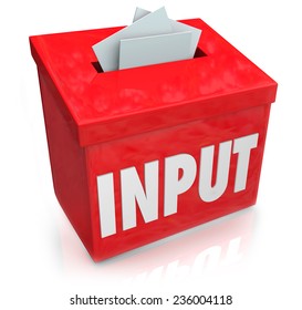 Input word on a 3d red box to illustrate collection of feedback, comments, reviews, criticism and ideas to improve or succeed in reaching goals